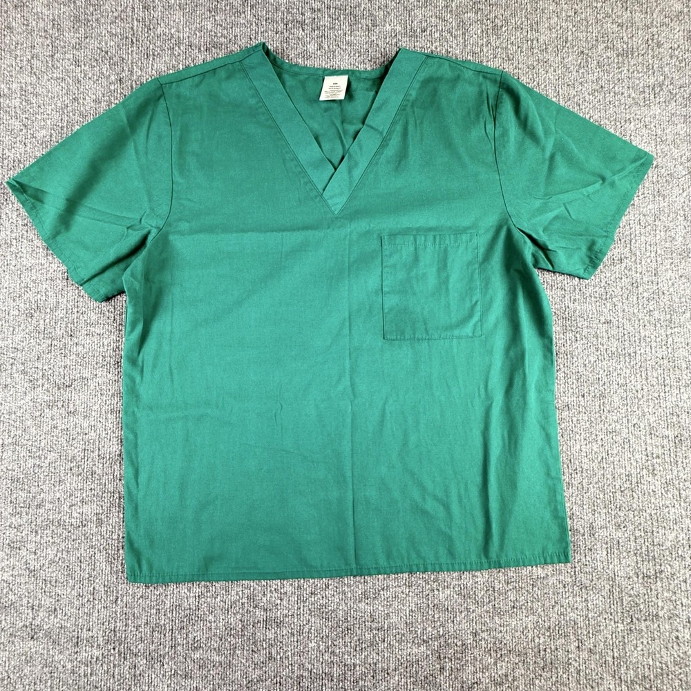 WonderWink Scrub Top Mens Small Green Solid V Neck Chest Pocket Woven Medical